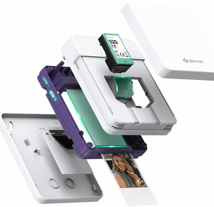 Denver MCP-6010 mobil farve blækprinter med Bluetooth, genopladeligt batteri, eksploderet visning af blækpatron og indre dele.