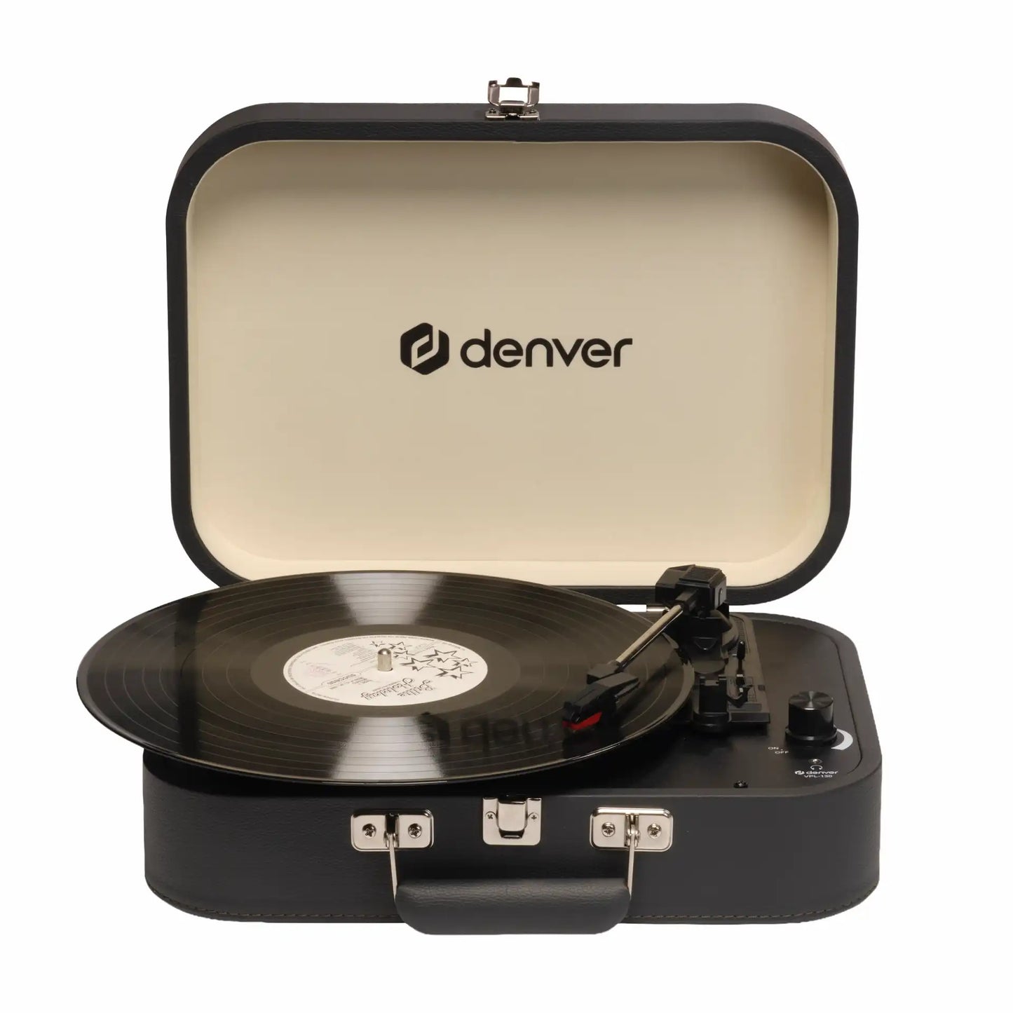 Denver VPL-130DGR retro pladespiller sort, åben kuffert, indbyggede højttalere, optagelse til pc.