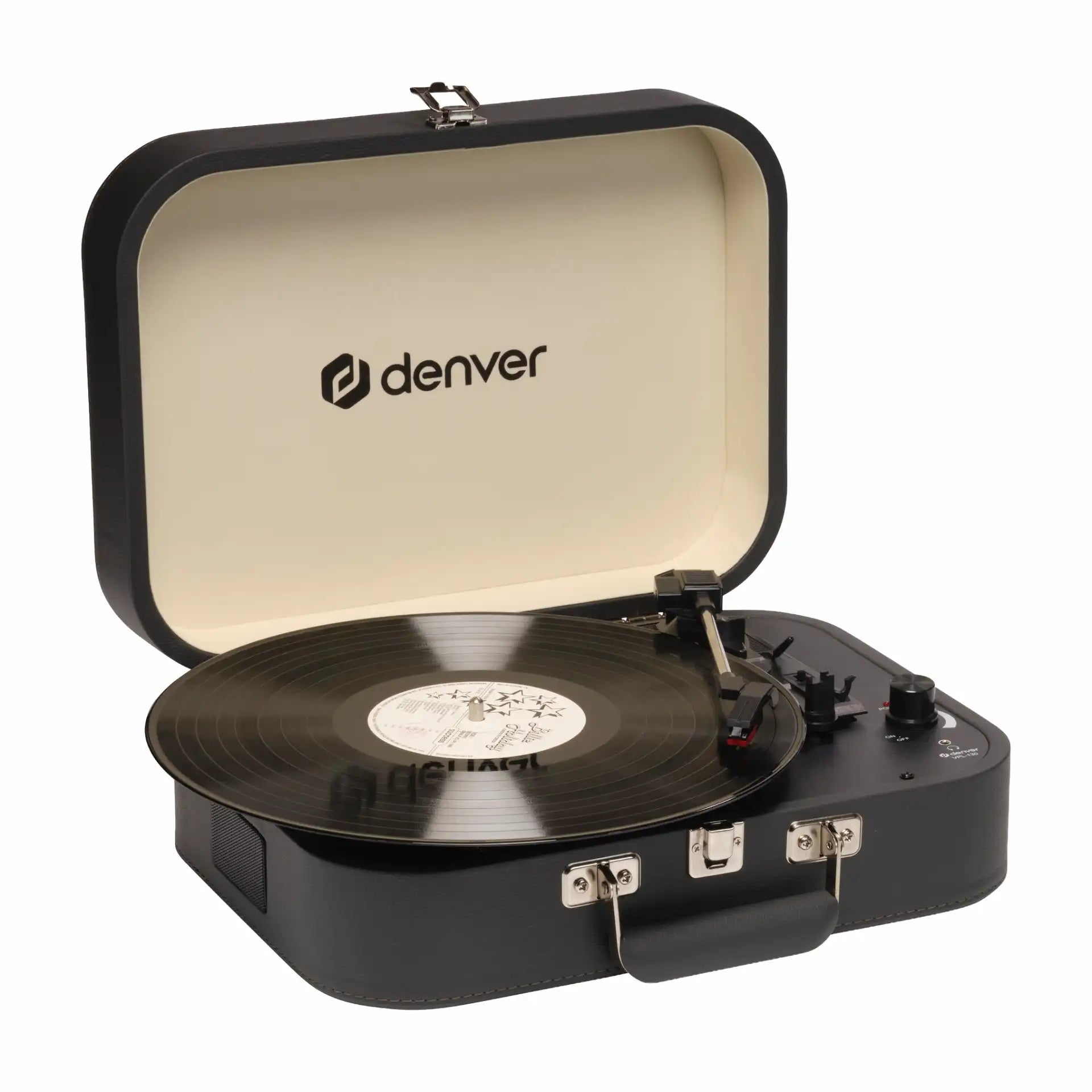 Denver VPL-130DGR retro pladespiller sort kuffertdesign synlig vinyl, åben låg med Denver-logo, knapper og højttalere.