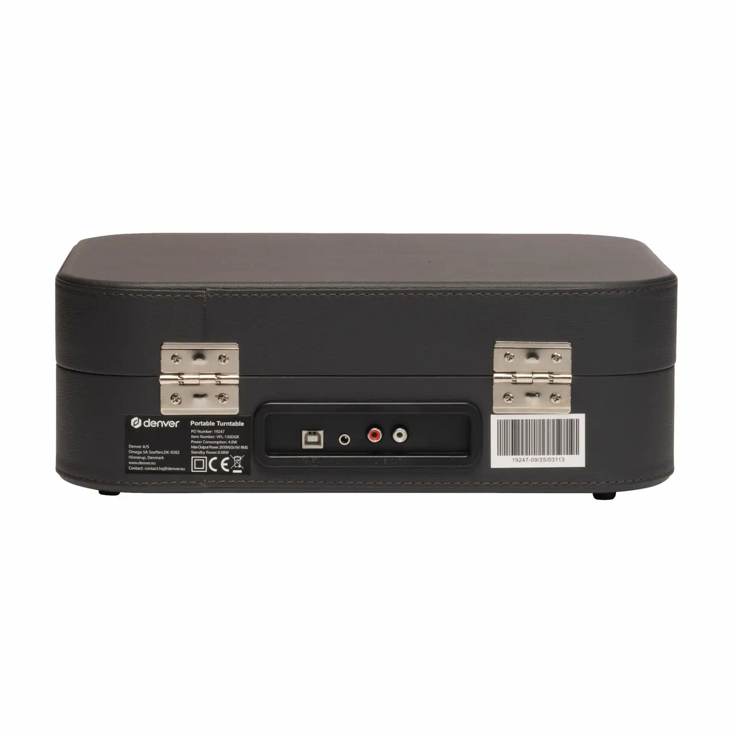 Denver VPL-130DGR retro pladespiller, mørkegrøn, bagside med metalhængsler, USB til PC, RCA/strømstik, stregkode-label.
