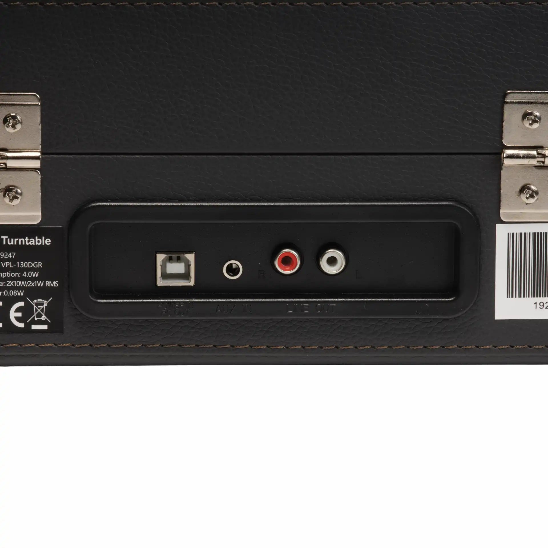 Denver VPL-130DGR retro pladespiller bagpanel med USB til PC, RCA lydstik, AUX indgang, hængsler og stregkode.