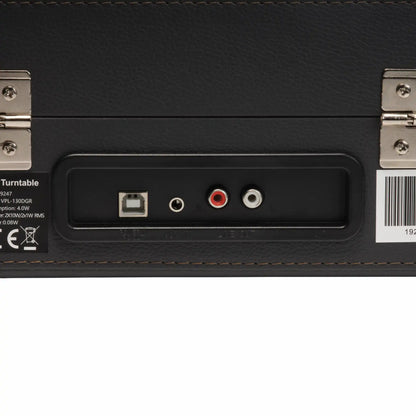 Denver VPL-130DGR retro pladespiller bagpanel med USB til PC, RCA lydstik, AUX indgang, hængsler og stregkode.