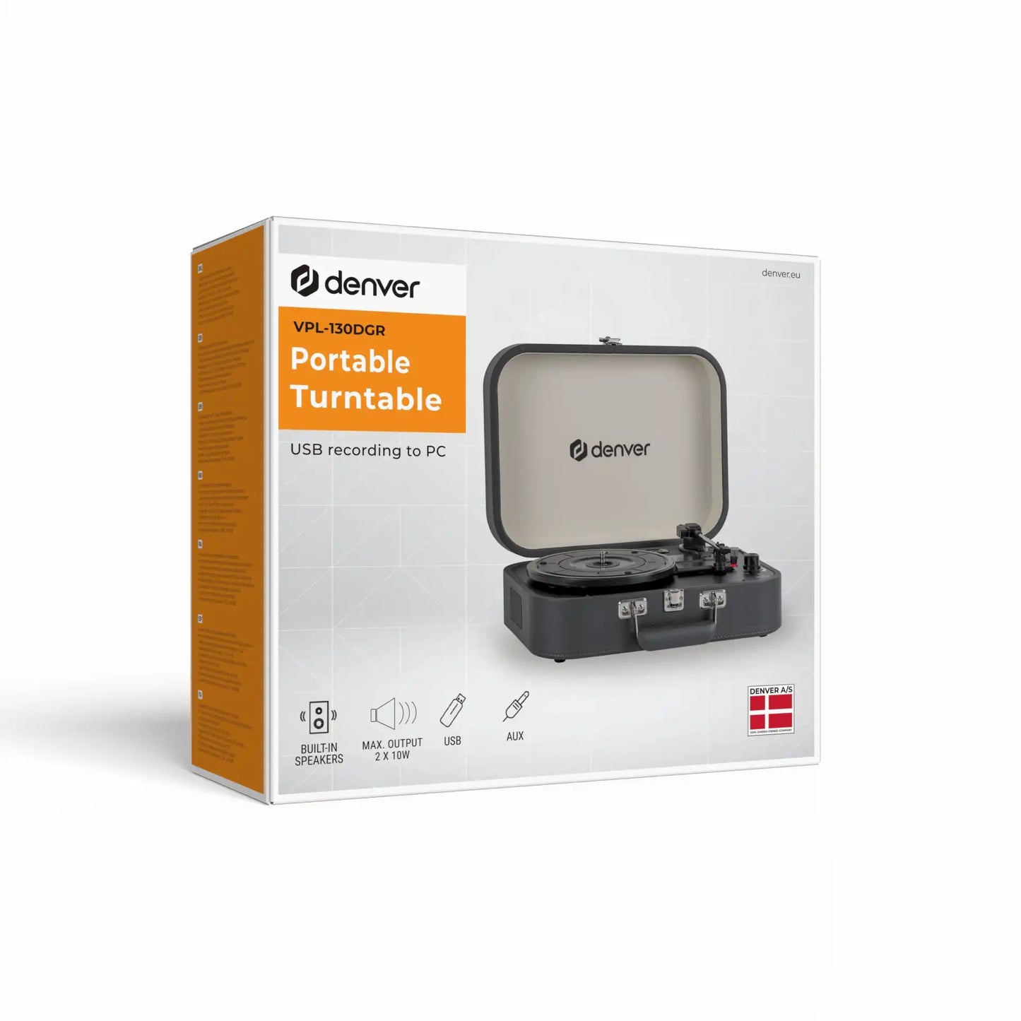 Denver VPL-130DGR retro pladespiller æske med indbyggede højttalere, USB-PC optagelse, AUX/USB-indgang, orange infopanel.