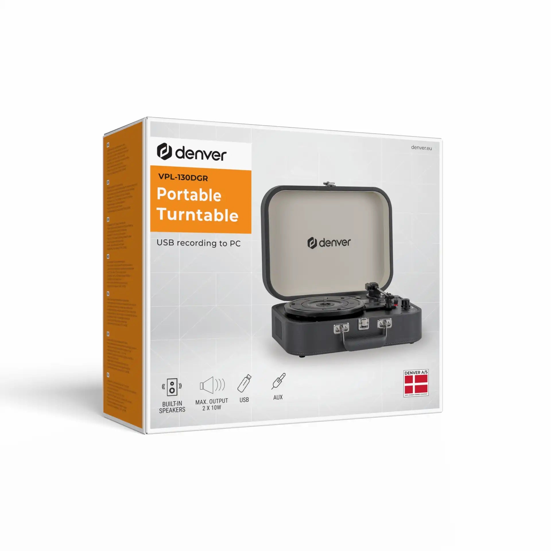 Denver VPL-130DGR retro pladespiller æske med indbyggede højttalere, USB-PC optagelse, AUX/USB-indgang, orange infopanel.