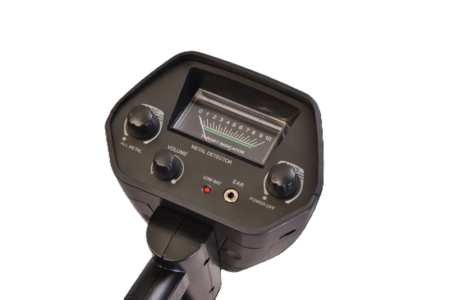 Denver MET-117 metaldetektor display med nåleindikator, tænd/sluk, rød lysdiode og drejeknapper til All Metal, Volume, Phones.