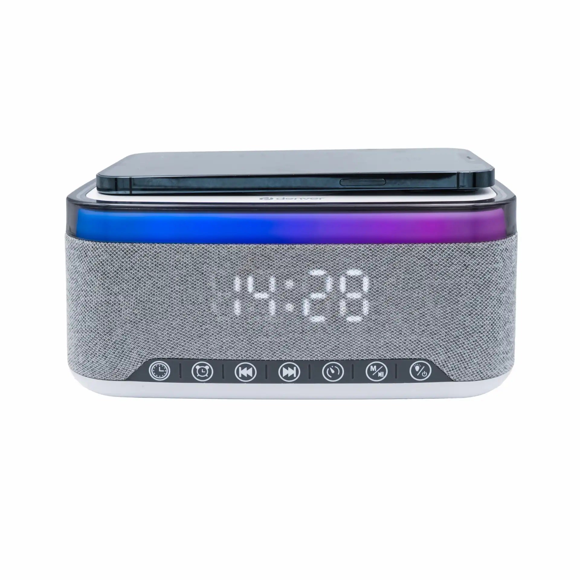 Denver CRQ-225 clockradio med stof foran, LED-display 14:29, dobbelte alarmer, touch knapper, farvet toplys, smartphone på toppen.