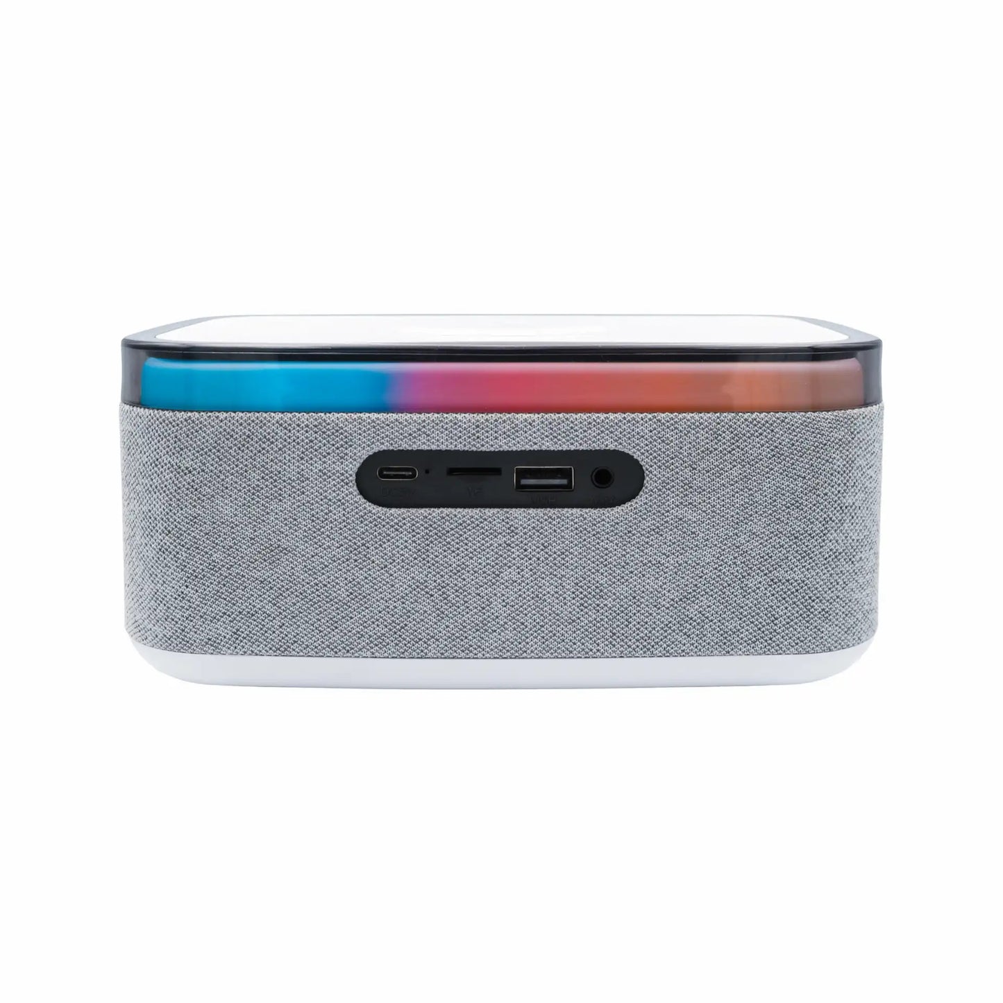 Denver CRQ-225 clockradio med stofbetrukket firkantet kabinet, dobbelt alarm, sort betjeningspanel, USB og gradient blå/pink/orange top.