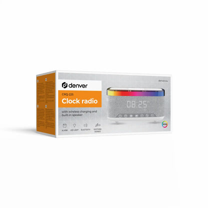 Denver CRQ-225 clockradio æske med digitalt ur, regnbuetop, dobbelt alarm, LED lys, Bluetooth, trådløs opladning, FM.