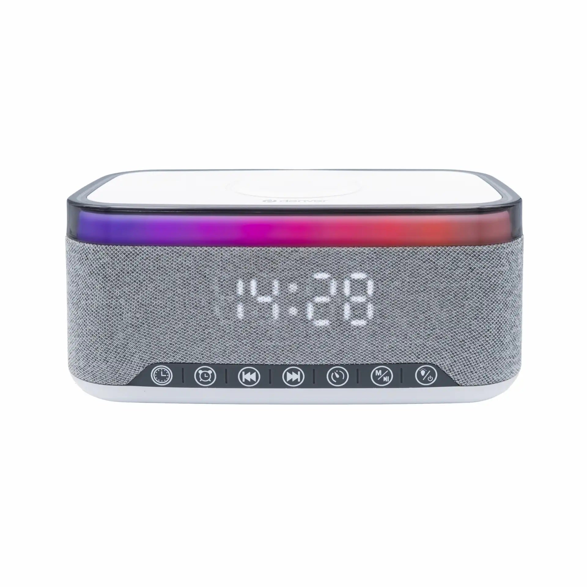 Denver CRQ-225 clockradio grå stof Bluetooth-højttaler, LED ur (14:28), RGB lysstribe, FM radio, dobbelt alarm, trådløs opladning.