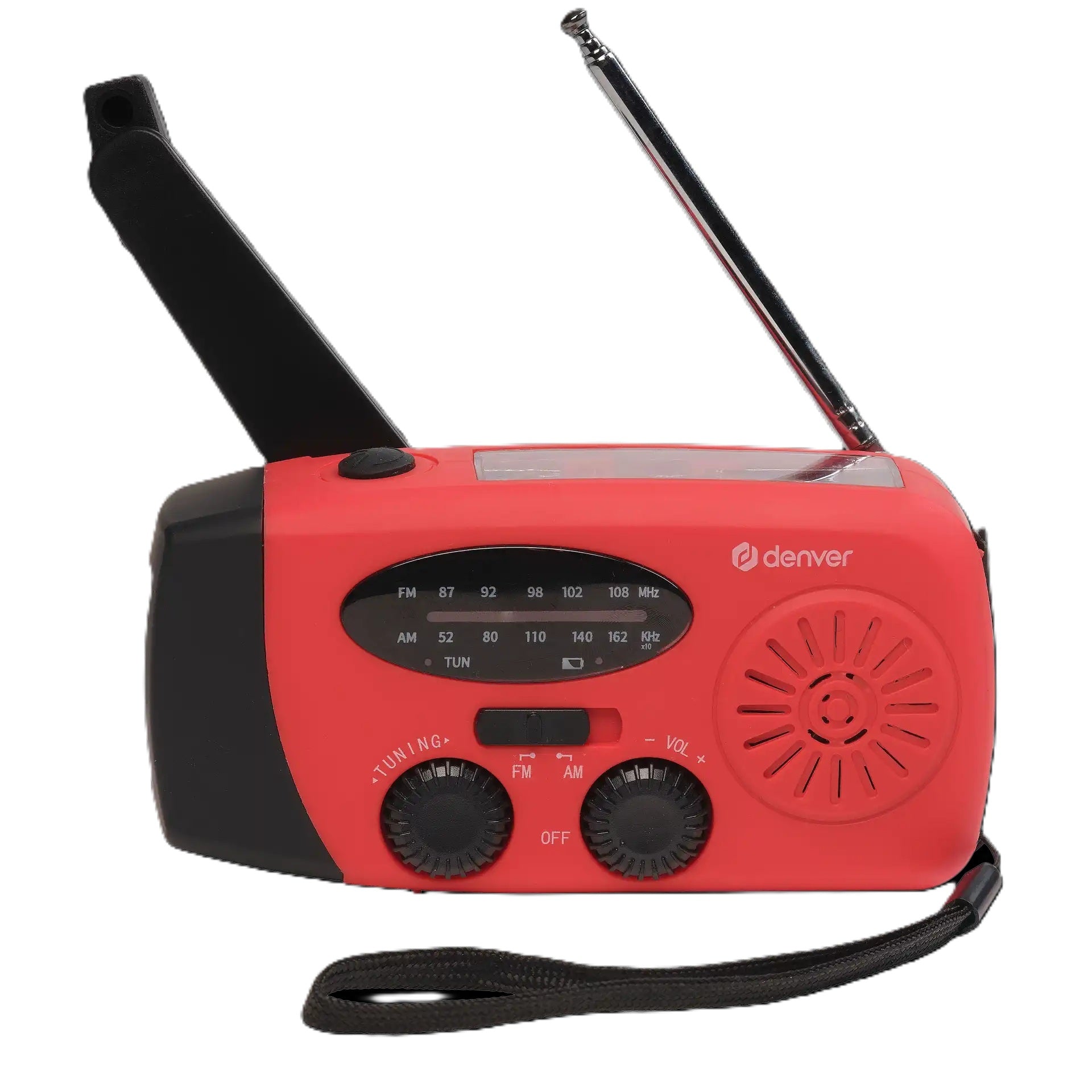 Denver SCR-2005 Solar Nødradio rød med håndsving, udtrækkelig antenne, to drejeknapper, USB-opladning, Denver-logo.