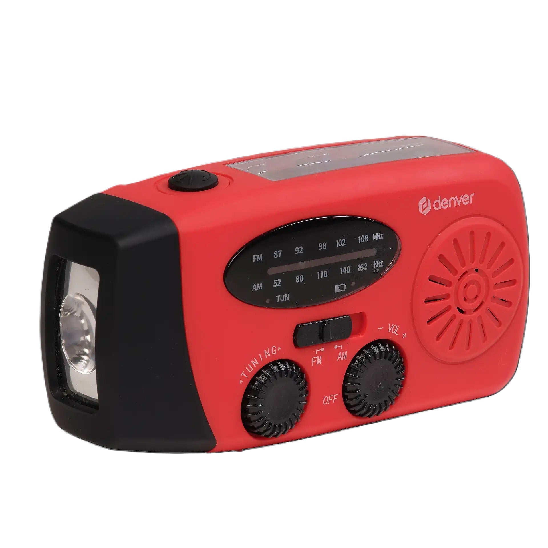 Denver SCR-2005 Solar Nødradio rød/sort med lommelygte, FM/AM-display, tuning-/volumeknapper, USB-opladning.