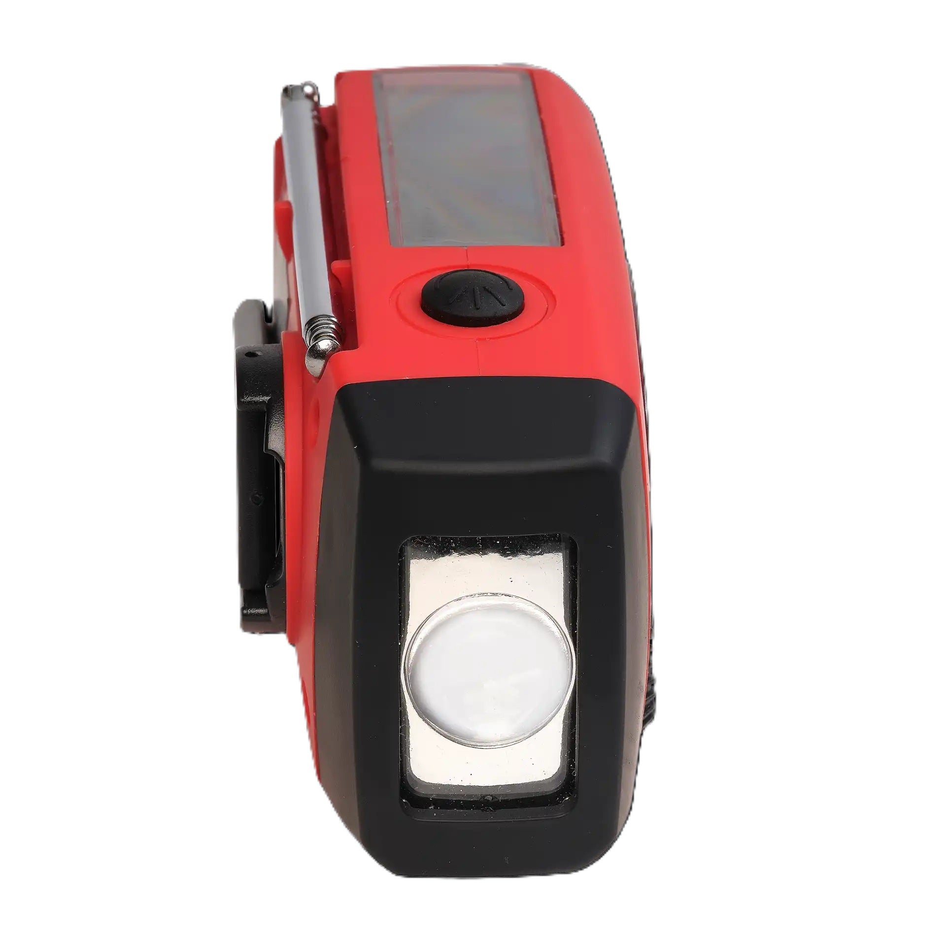 Denver SCR-2005 Solar nødradio rød/sort med solpanel, sort knap, udtrækkelig antenne og frontlygte.
