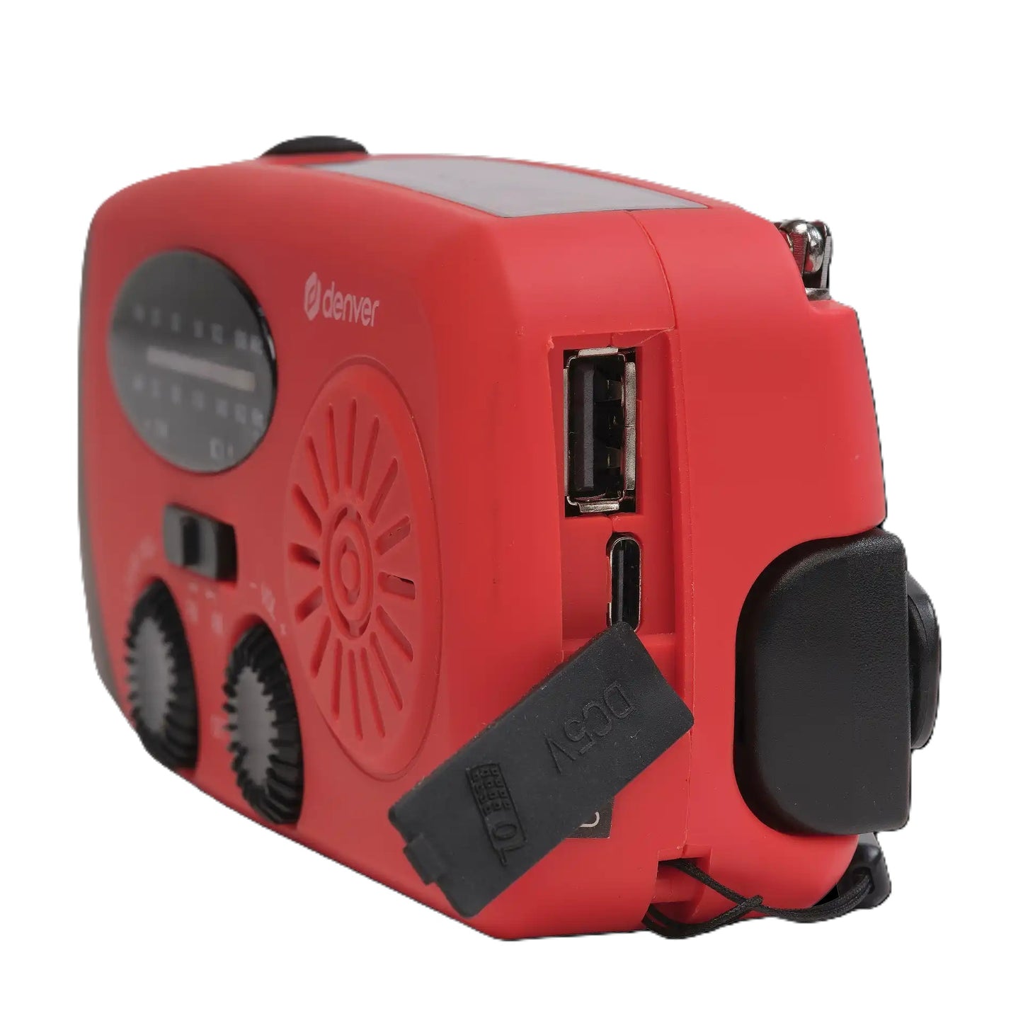 Denver SCR-2005 Solar Nødradio rød, indbygget højtaler, tuning/lydstyrke knapper, USB port, micro SD kort slot.