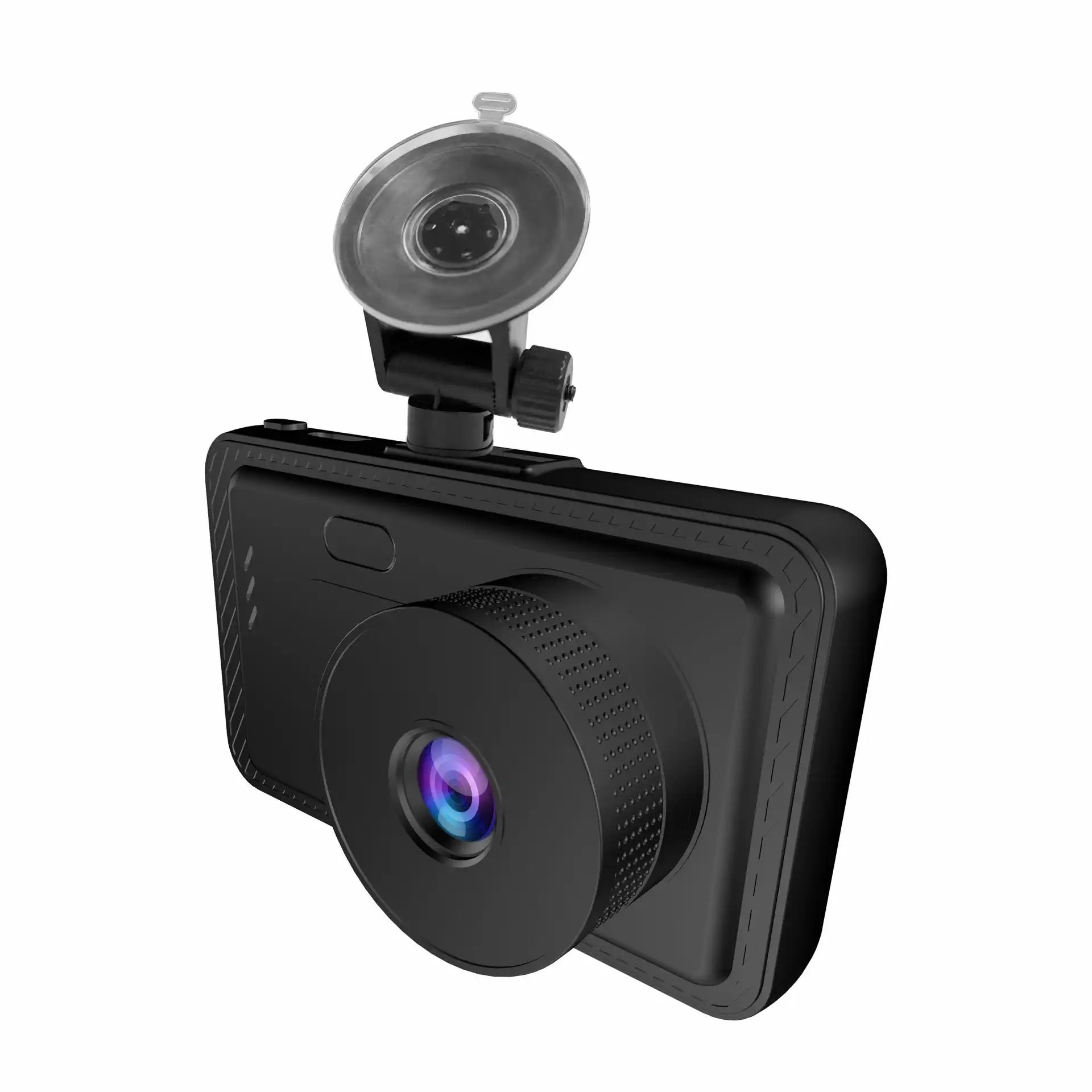 Denver CCT-1650 sort dashcam med vidvinkelobjektiv, sugekopholder til forrude og bagudvendt kamera på holderarmen.