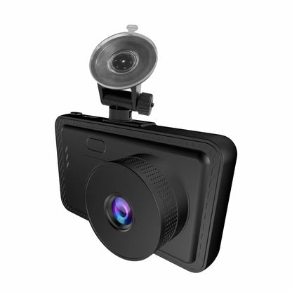 Denver CCT-1650 sort dashcam med vidvinkelobjektiv, sugekopholder til forrude og bagudvendt kamera på holderarmen.