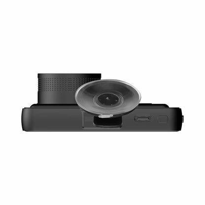 Denver CCT-1650 dashcam sæt fra ovn med tekstureret linse, sugekopbeslag, USB-port og knap på siden.