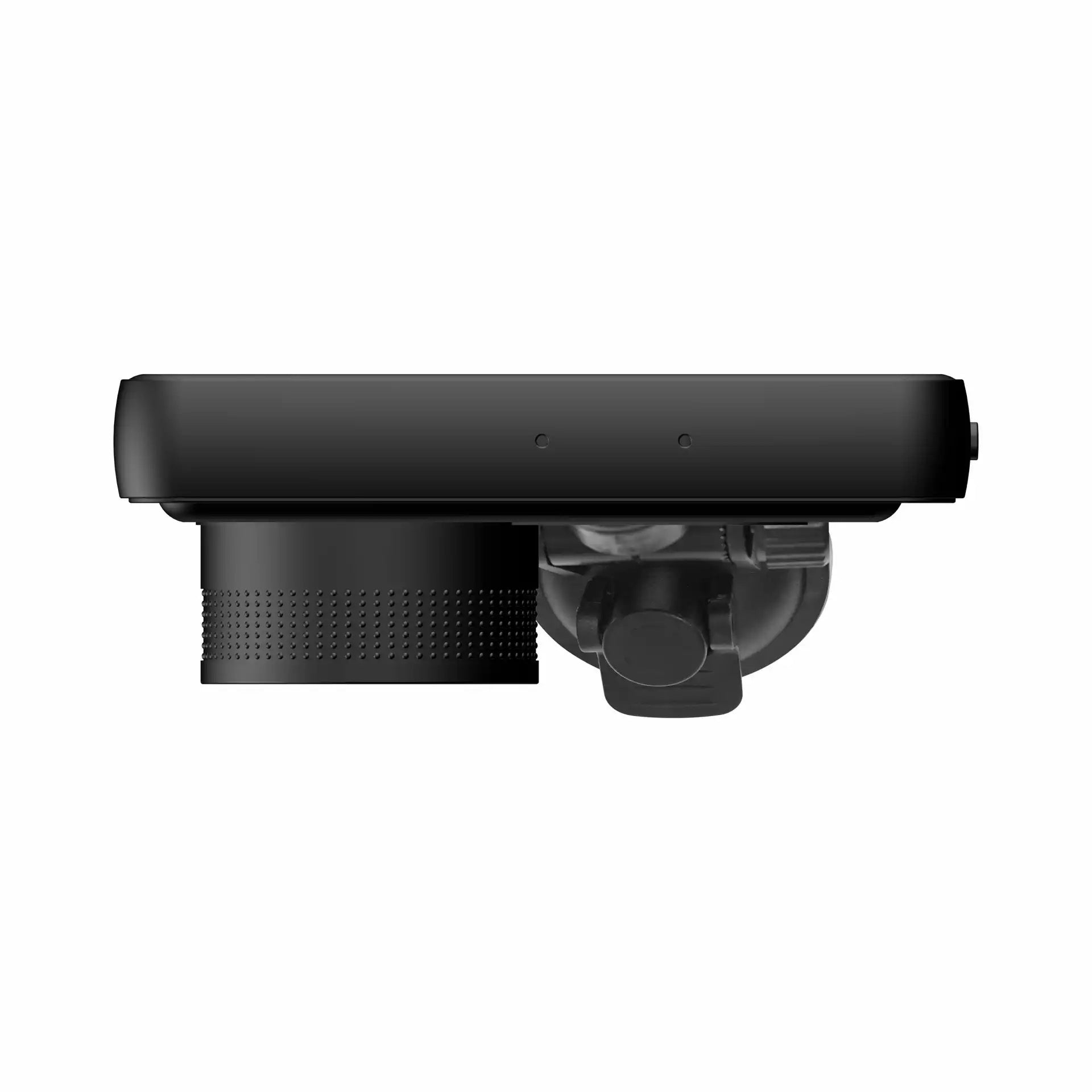 Denver CCT-1650 dashcam, sideview med cylinderformet linsehus, tekstureret greb og sugekopbeslag bagpå.