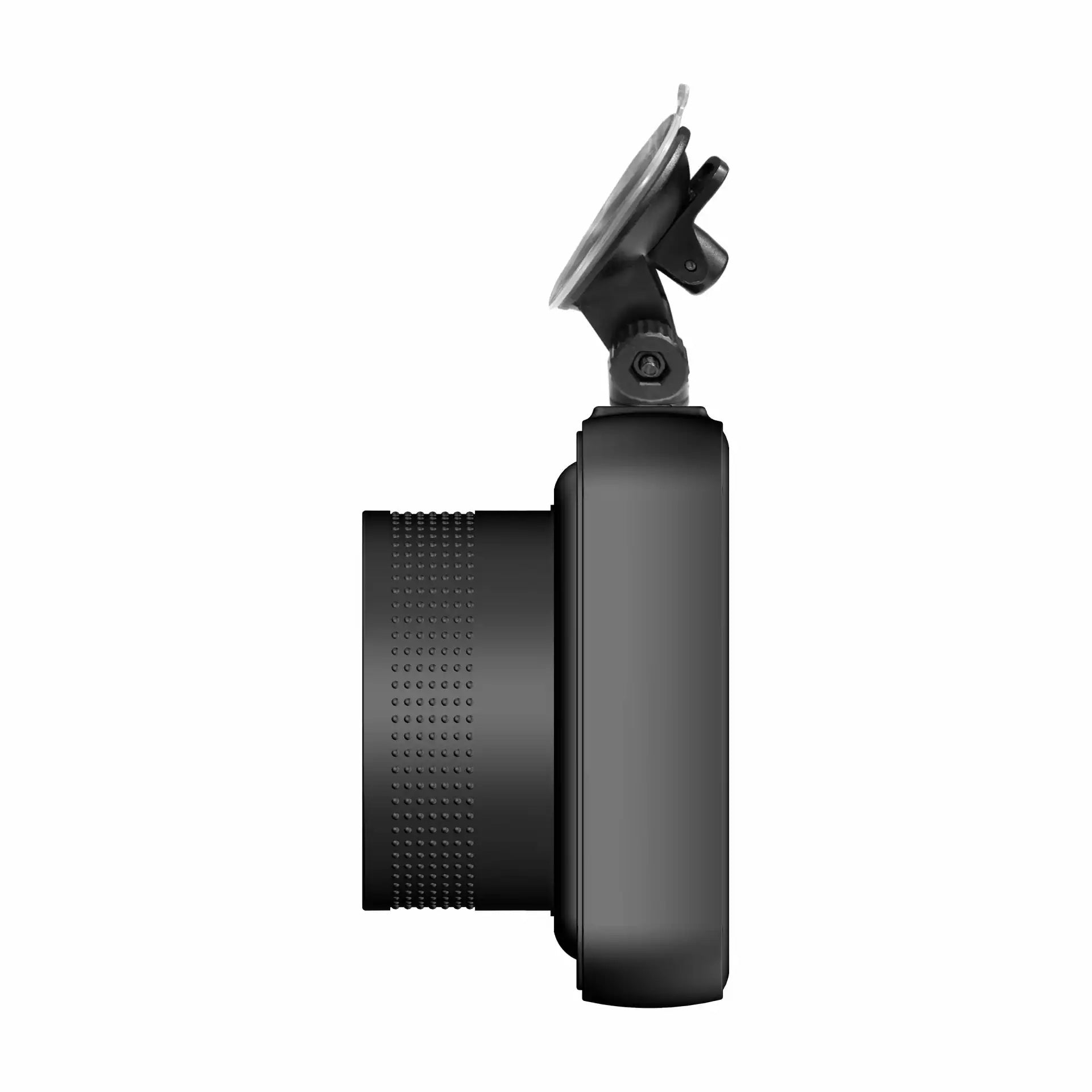 Denver CCT-1650 dashcam i sideprofil med sort tekstureret linse og sugekopbeslag øverst.