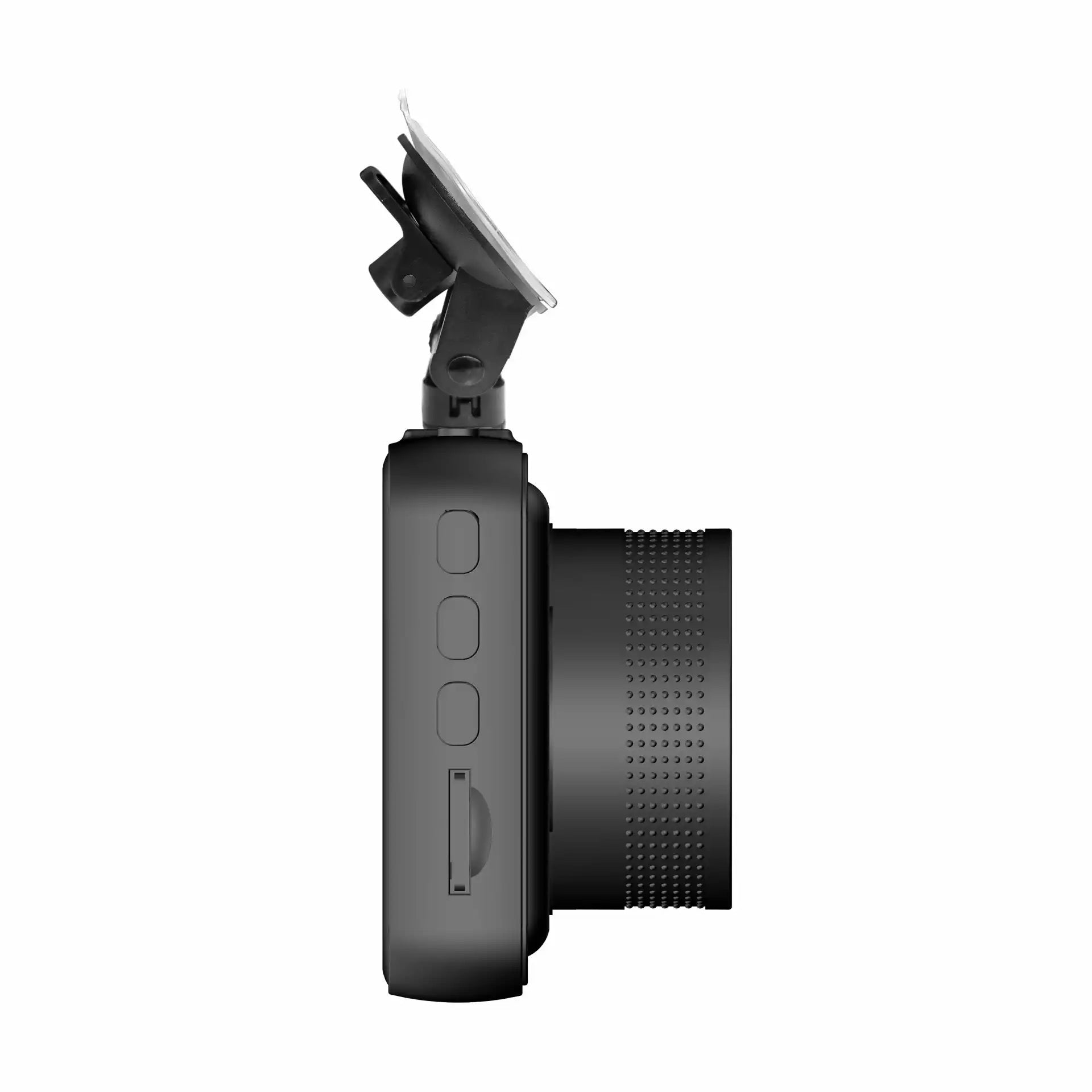 Denver CCT-1650 dashcam sort, side, sugekopbeslag, tre knapper og tekstureret linse.