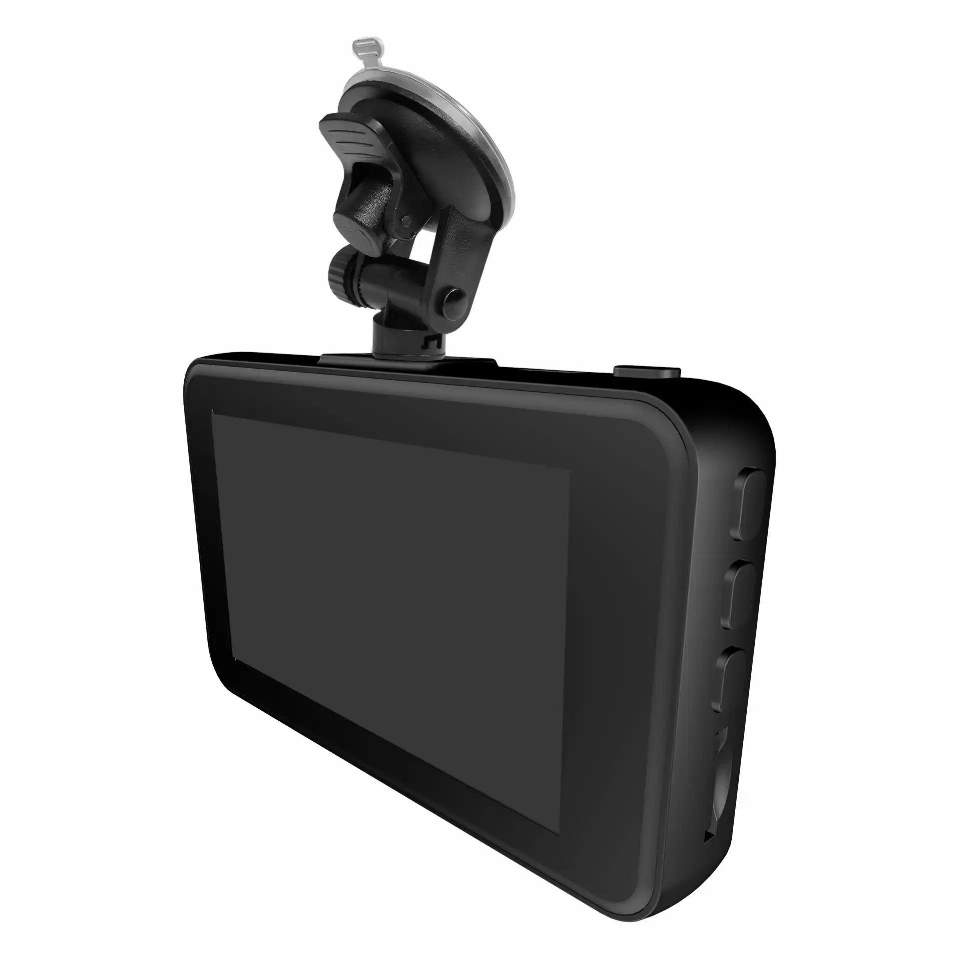 Denver CCT-1650 dashcam sort med skærm, kontrolknapper på siden, monteret på sugekop holder til forrude.