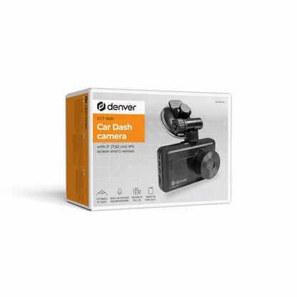 Denver CCT-1650 dashcam æske i hvid og orange med billede, 3" IPS skærm, G-sensor, trafikovervågningsikoner.