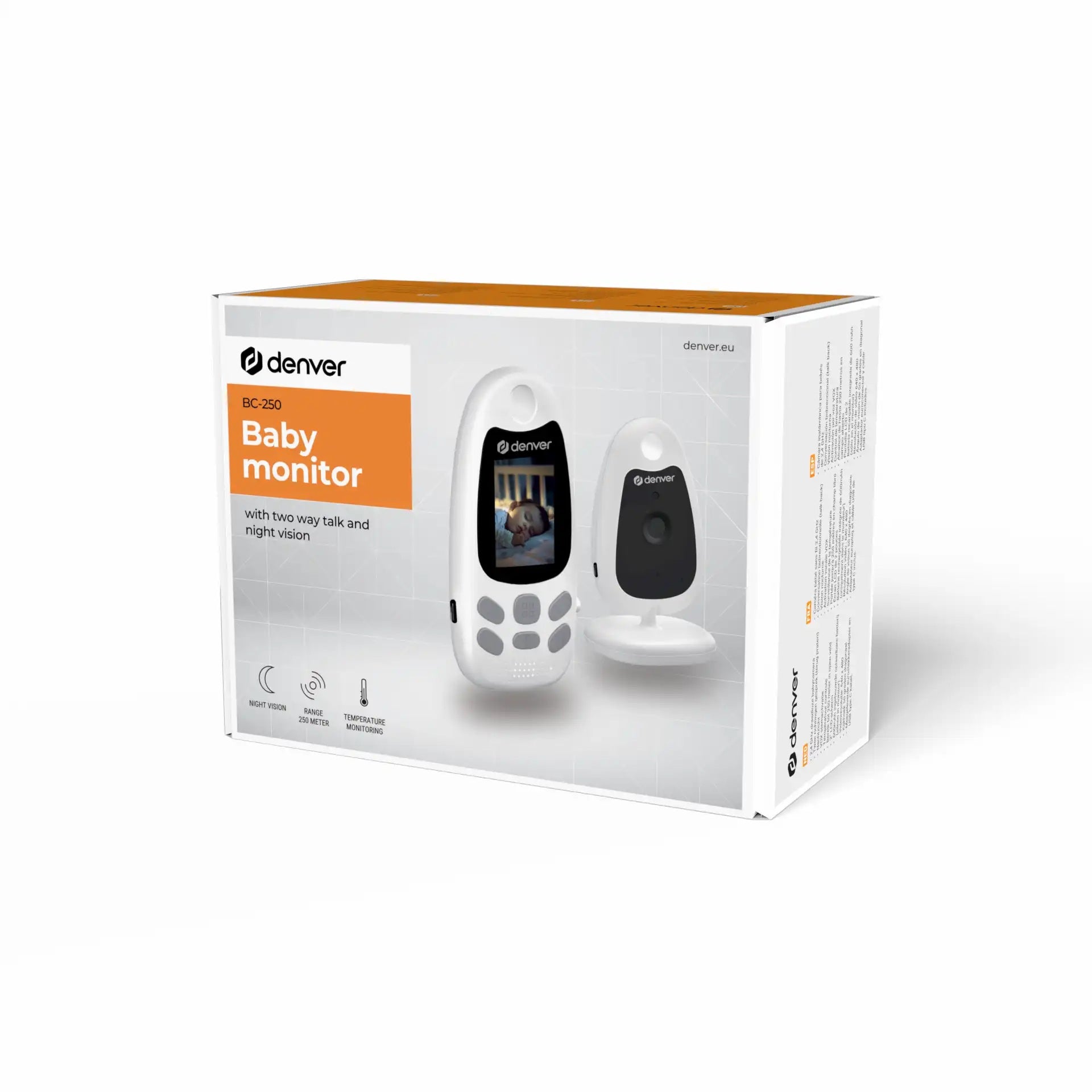 Denver BC-250 babymonitor på emballage med kamera, monitor, tovejs tale, nattesyn, lydalarm og hvide/orange detaljer.