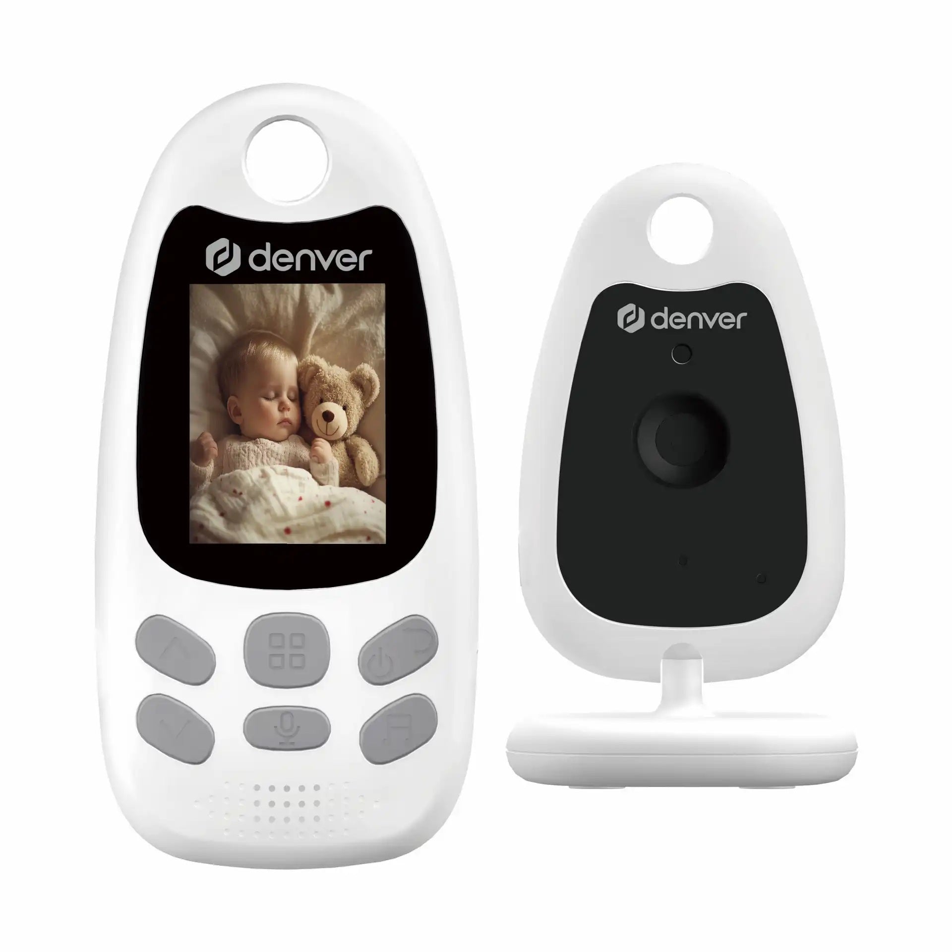 Denver BC-250 babyalarm med display viser sovende baby og bamse, anden enhed med kameraobjektiv og LED-indikator.