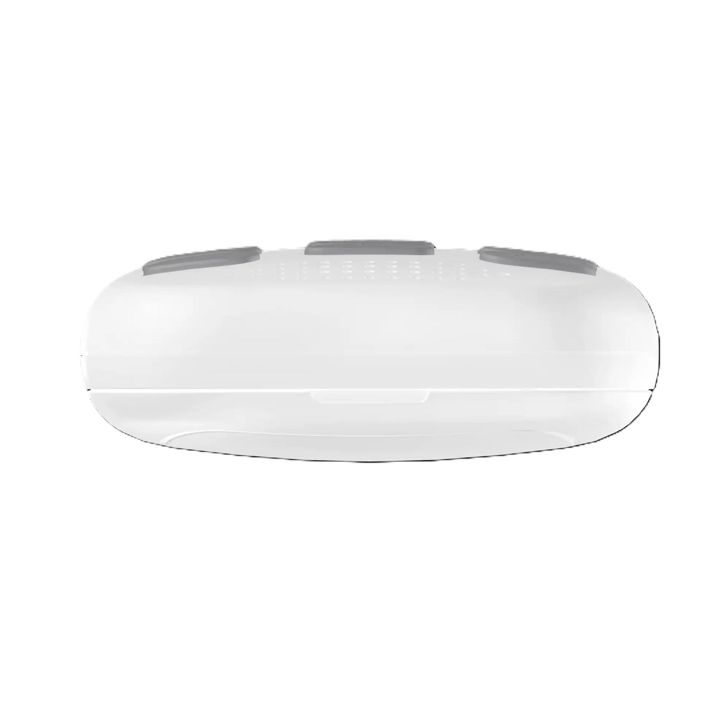 Hvid rektangulær plastbeholder med afrundede kanter og tre grå gribepuder til Denver BC-250 babymonitor.