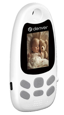Denver BC-250 babymonitor med håndholdt skærm, grå knapper under display og Denver-logo over skærmen.