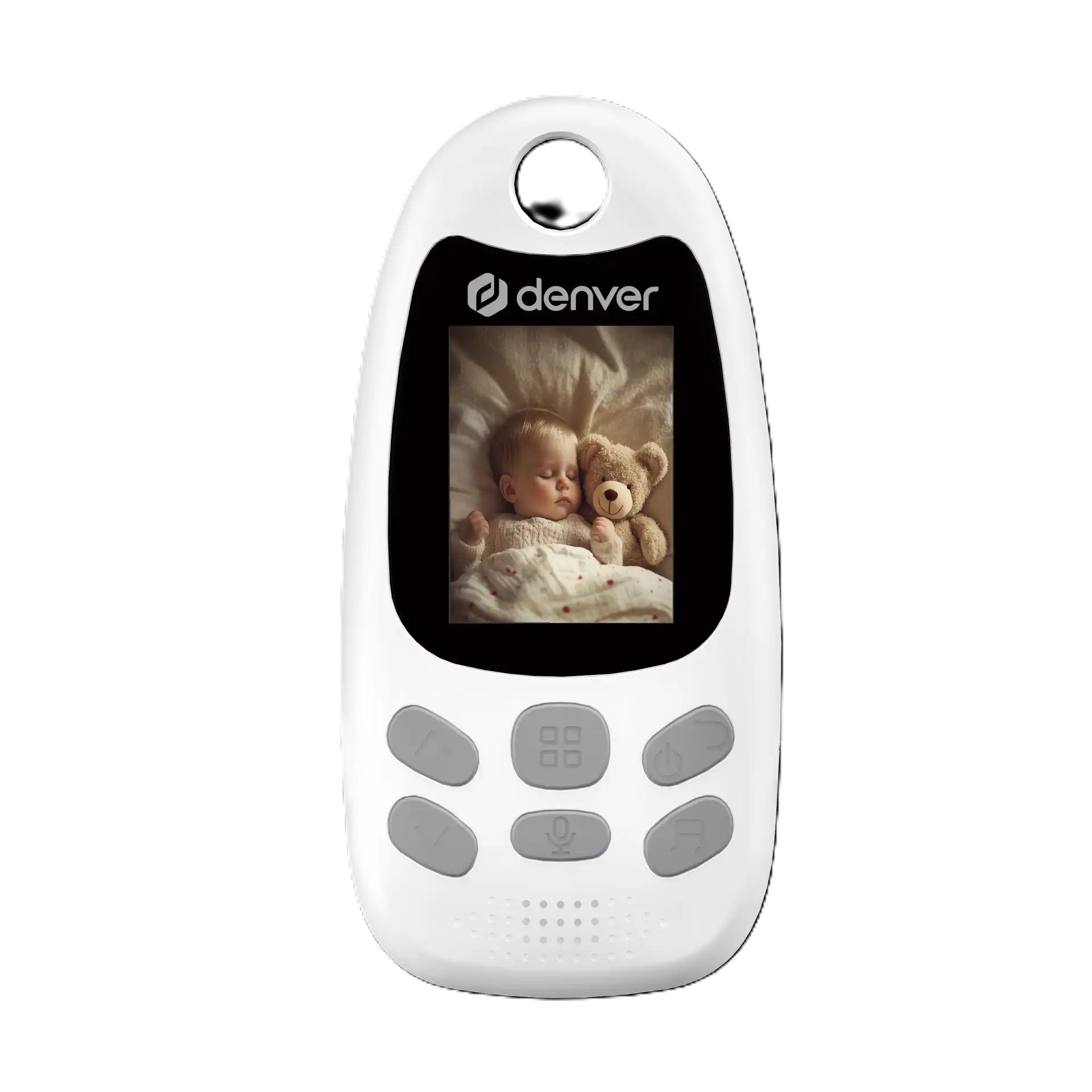 Denver BC-250 babymonitor med kamera, håndholdt skærm, grå knapper og Denver-logo, viser baby med bamse.