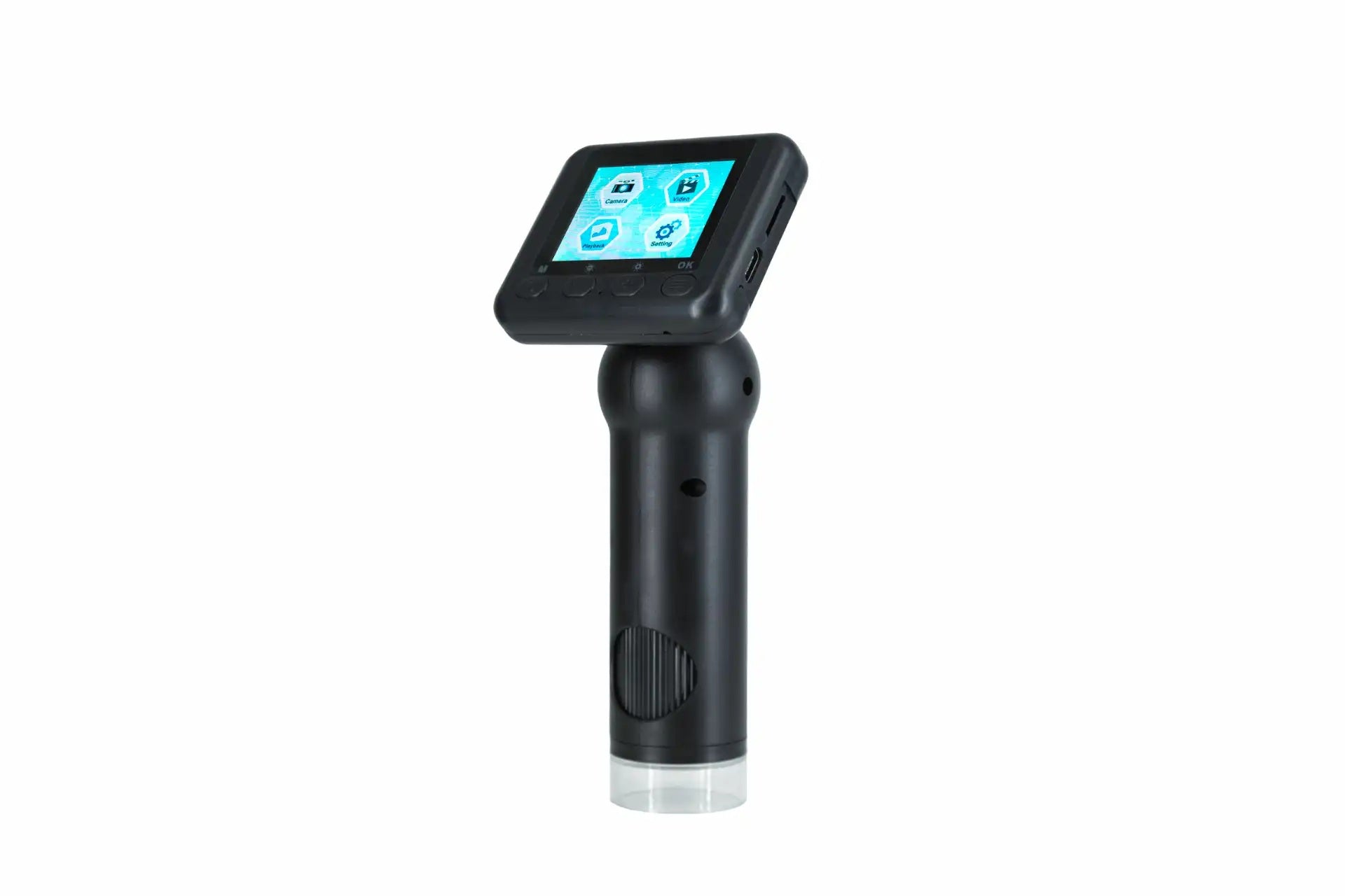 Denver MSC-255 digital mikroskop sort, håndholdt med stor vippet LCD-skærm, cylindergreb og lille rund åbning ved basen.
