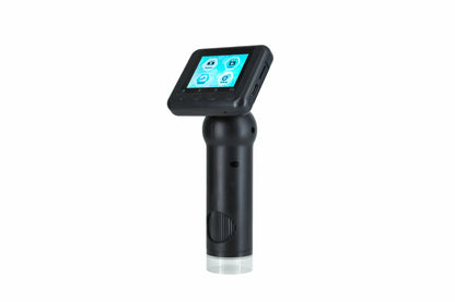 Denver MSC-255 digital mikroskop sort, håndholdt med stor vippet LCD-skærm, cylindergreb og lille rund åbning ved basen.