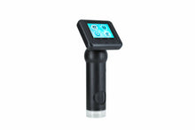 Denver MSC-255 digital mikroskop, sort håndholdt design, LCD-skærm med touchikoner, cylindrisk base, vinklet rektangulær skærm.