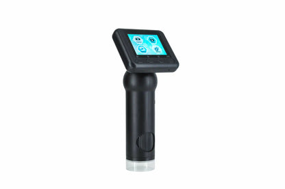 Denver MSC-255 digital mikroskop, sort håndholdt design, LCD-skærm med touchikoner, cylindrisk base, vinklet rektangulær skærm.