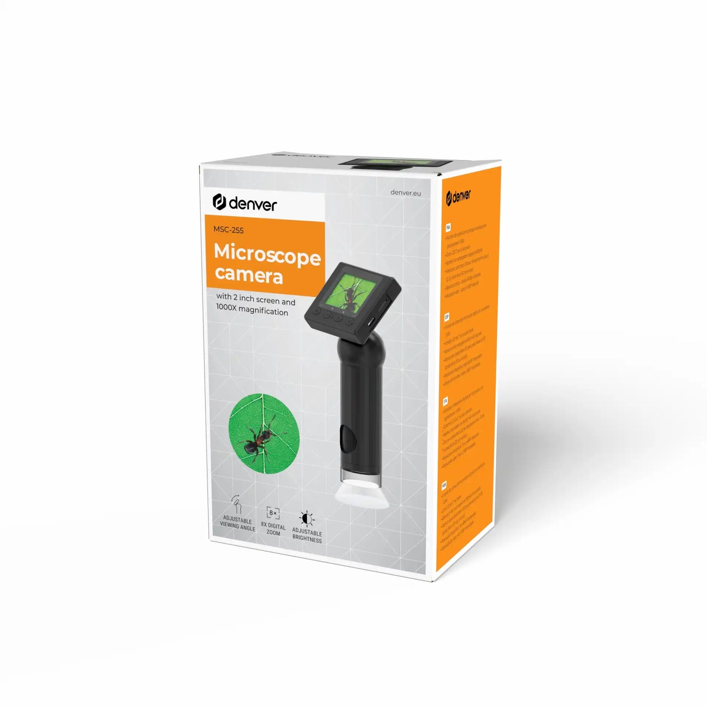 Denver MSC-255 digital mikroskop æske i hvid/orange med 2" LCD, 1000x forstørrelse, billede af insekt på skærmen.