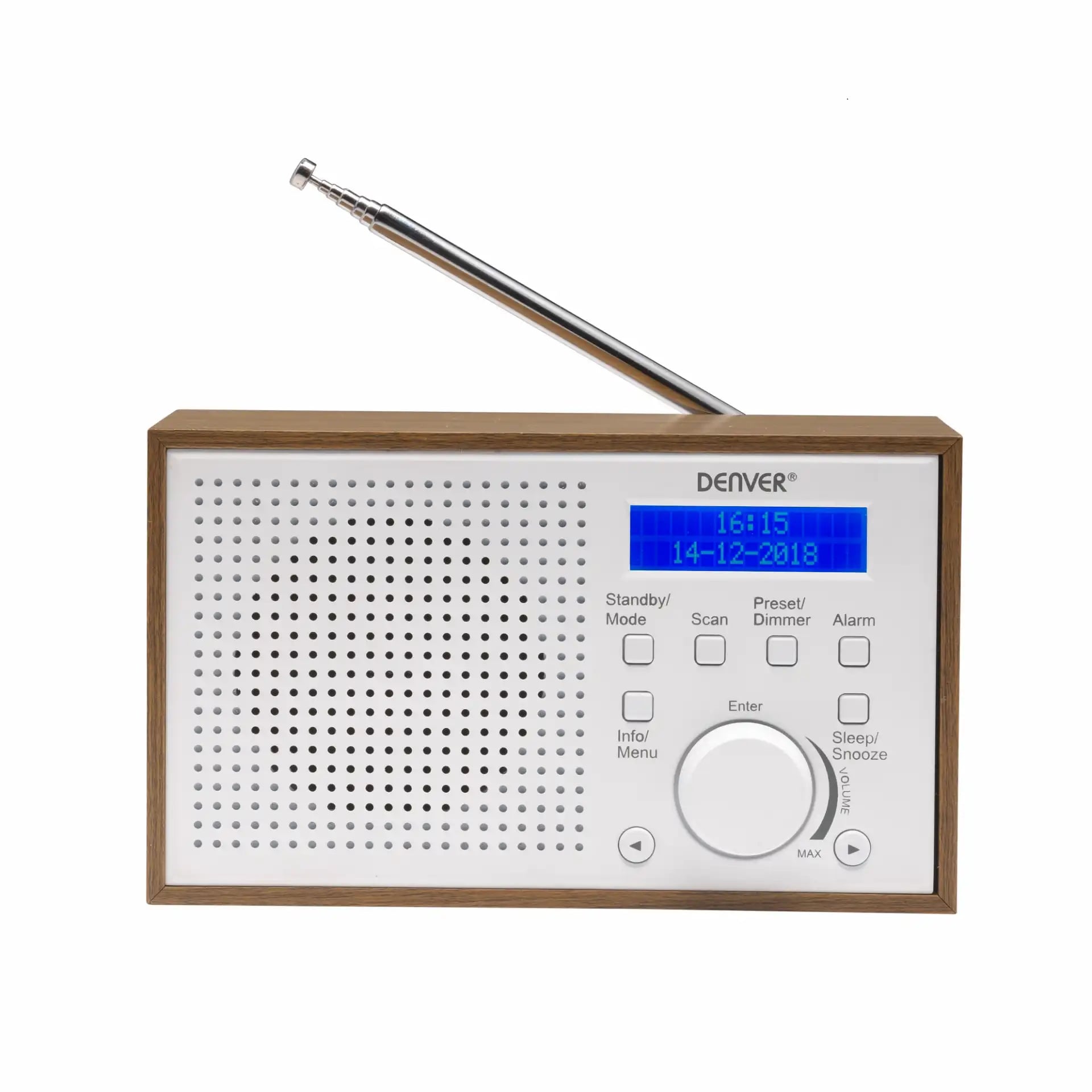 Denver DAB-46W digitalradio med rektangulært træfinish, sølv antenne, knapper og blå display til tid og dato.