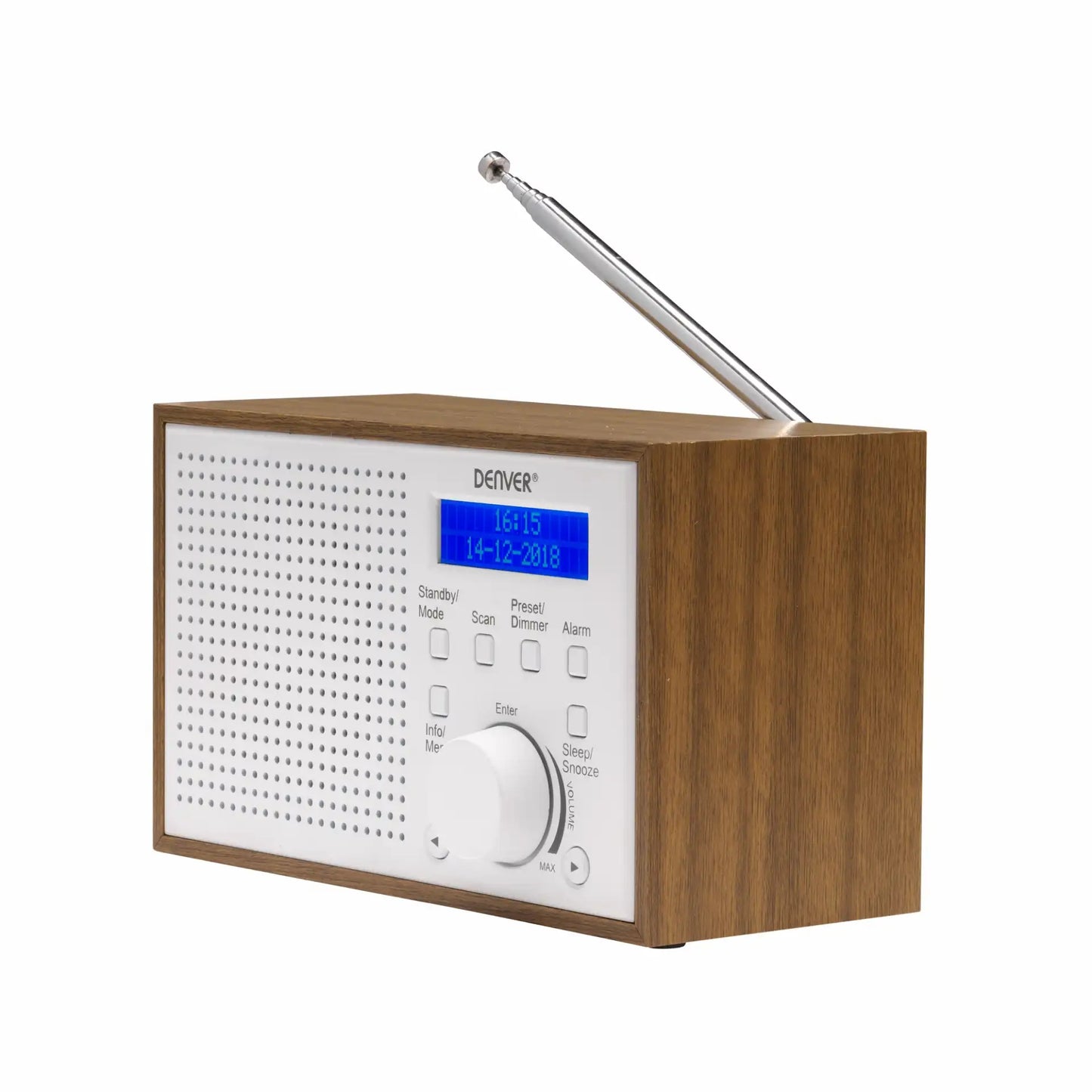 Denver DAB-46W digitalradio, hvid front, træ-kabinet, sølv antenne, indbygget højttaler, blå digitalt display.