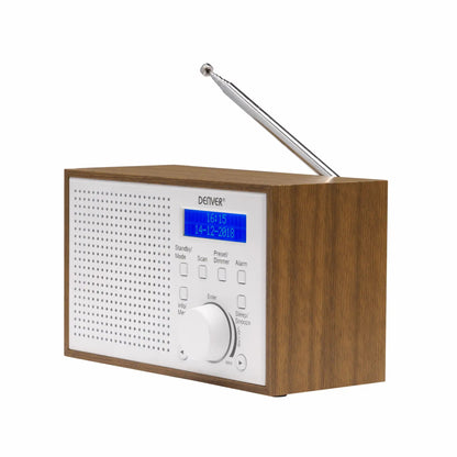 Denver DAB-46W digitalradio, hvid front, træ-kabinet, sølv antenne, indbygget højttaler, blå digitalt display.