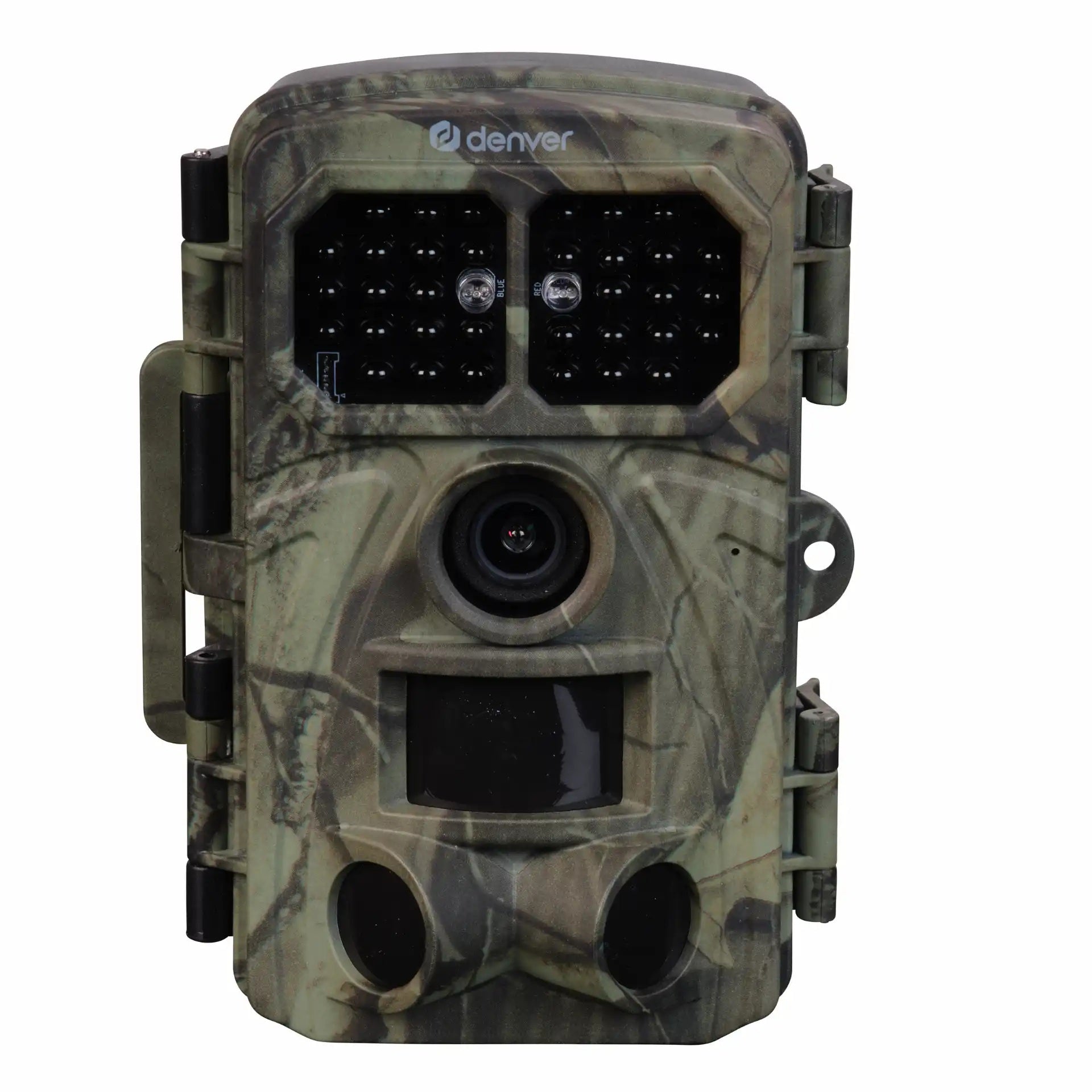Denver WCT-8026W jagtkamera i camouflagemønster med central linse, flere infrarøde sensorer og Denver-logo øverst.