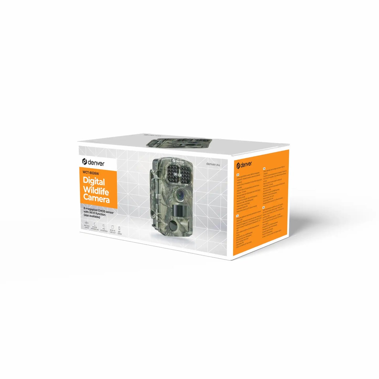 Denver WCT-8026W jagtkamera æske med camouflage-design, kamerabilleder, hvide og orange produktoplysninger.