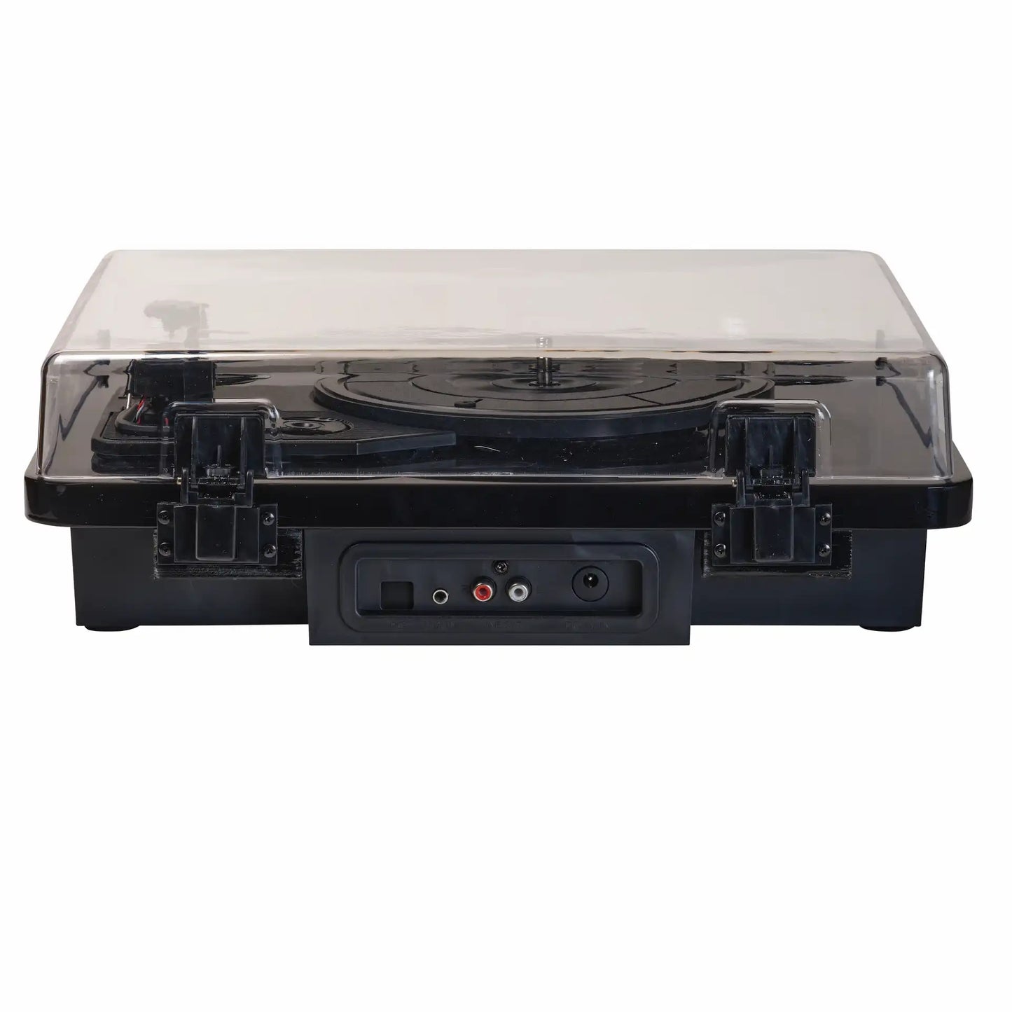 Denver VPL-230B retro pladespiller sort, gennemsigtigt låg, synlig tonearm, indbyggede højttalere, RCA-udgange front.