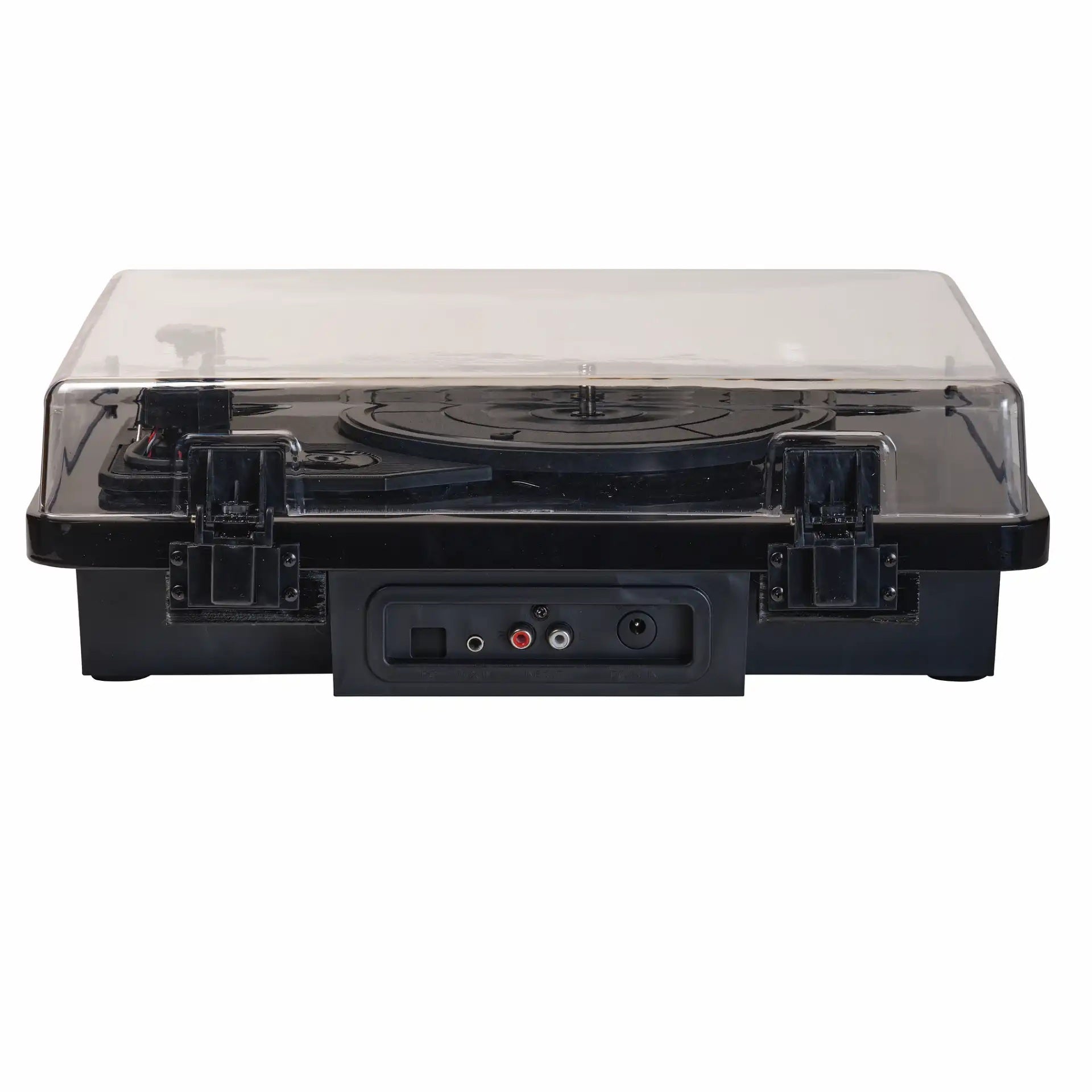 Denver VPL-230B retro pladespiller sort, gennemsigtigt låg, synlig tonearm, indbyggede højttalere, RCA-udgange front.