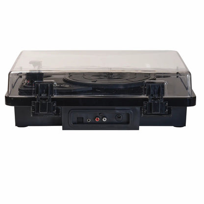 Denver VPL-230B retro pladespiller sort, gennemsigtigt låg, synlig tonearm, indbyggede højttalere, RCA-udgange front.