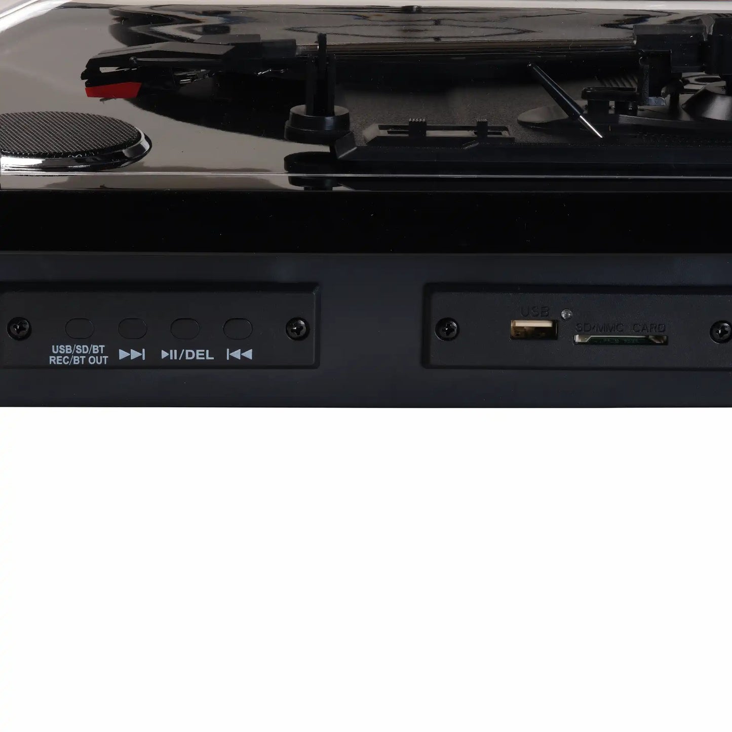 Denver VPL-230B Retro pladespiller med indbyggede højttalere, USB/SD/BT knapper, REC/BT OUT, afspillerkontroller, kortslots.