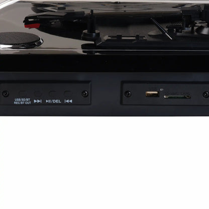 Denver VPL-230B Retro pladespiller med indbyggede højttalere, USB/SD/BT knapper, REC/BT OUT, afspillerkontroller, kortslots.