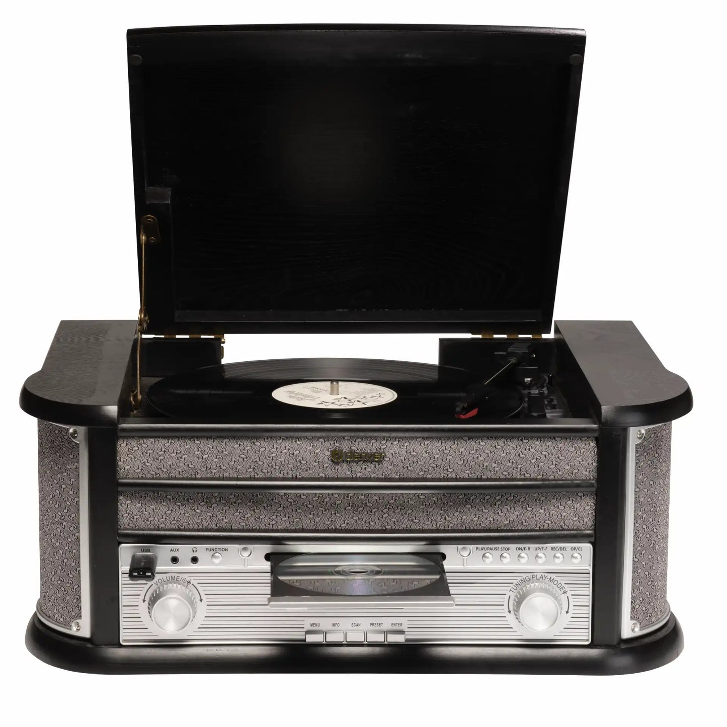 Denver MRD-51B Retro pladespiller med vinyl på åben pladetallerken, sølvkontakter, knapper, CD-skuffe og USB-afspilning.