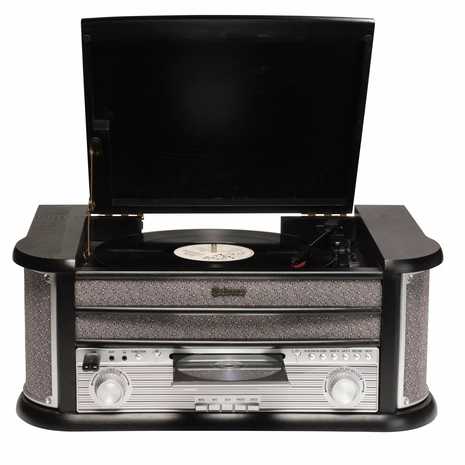 Denver MRD-51B Retro pladespiller med vinyl på åben pladetallerken, sølvkontakter, knapper, CD-skuffe og USB-afspilning.