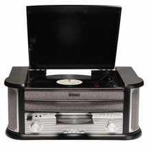 Denver MRD-51B Retro pladespiller med vinyl på åben pladetallerken, sølvkontakter, knapper, CD-skuffe og USB-afspilning.
