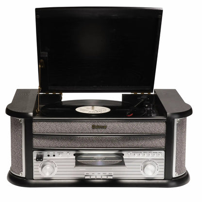 Denver MRD-51B Retro pladespiller med vinyl på åben pladetallerken, sølvkontakter, knapper, CD-skuffe og USB-afspilning.