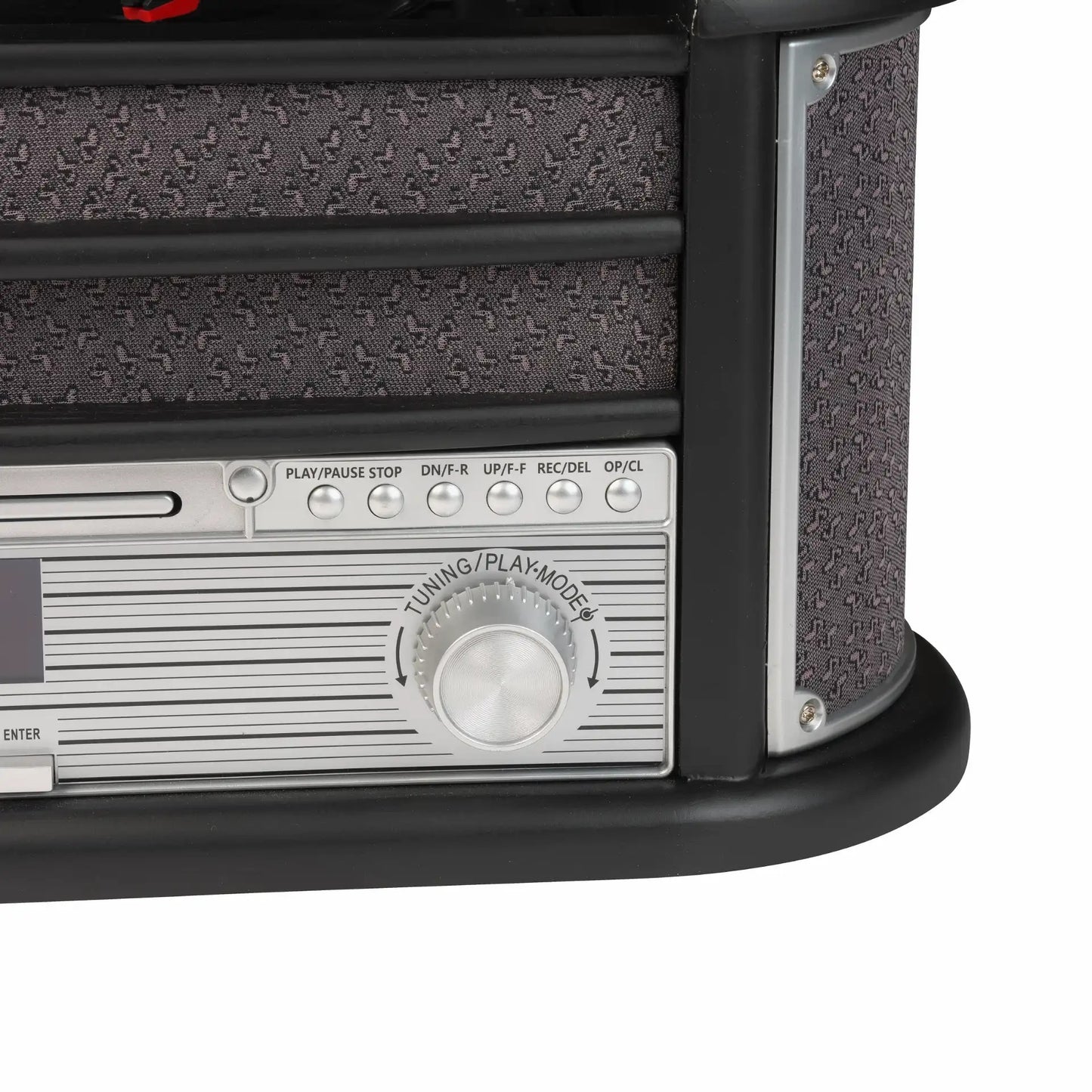 Denver MRD-51B Retro pladespiller med stofhøjttalerpaneler, sølvknapper, stor tuning-knap, sorte og metalliske detaljer, DAB+.
